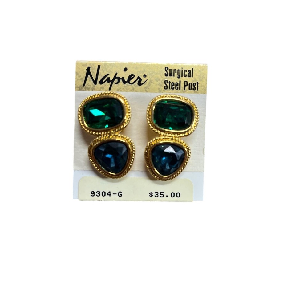 Vintage Napier Green Blue Faux Gem Gold Tone Post Earrings NWT NOS